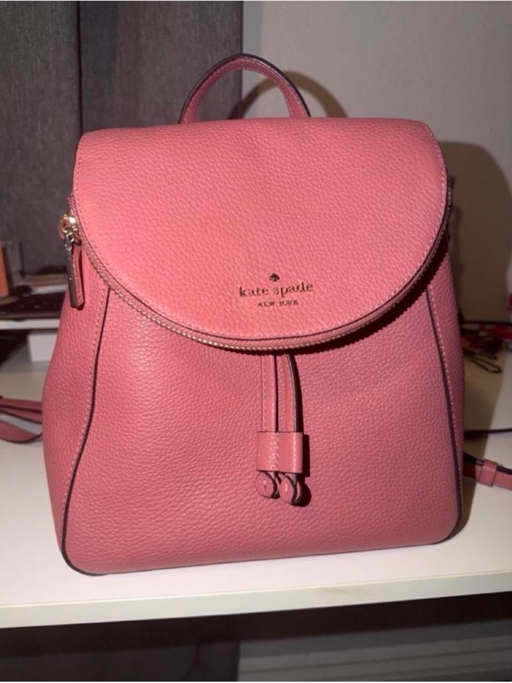 Kate Spade Leila Pink Pebbled Leather Flap Backpack Medium